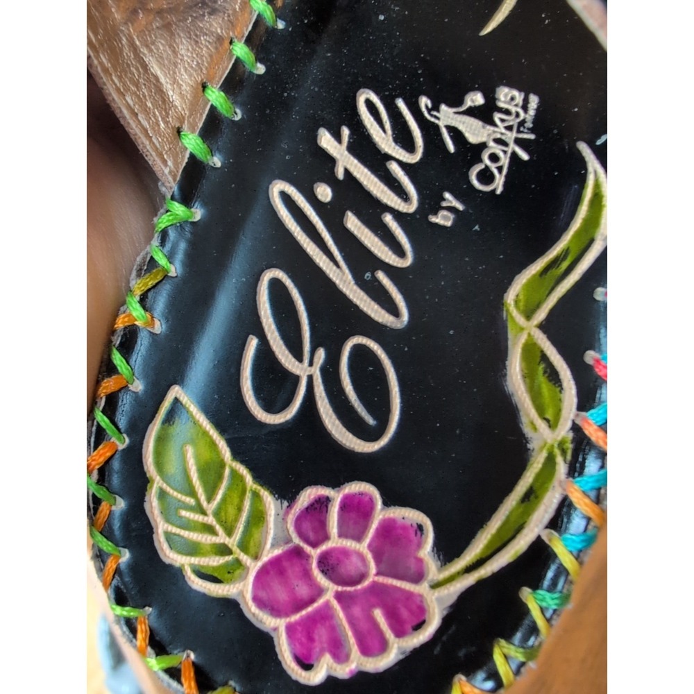 ELITE by Corky's Pacific Multicolor US Sz 9 Tooled Leather Sandals Wedge Heel - Picture 7 of 9